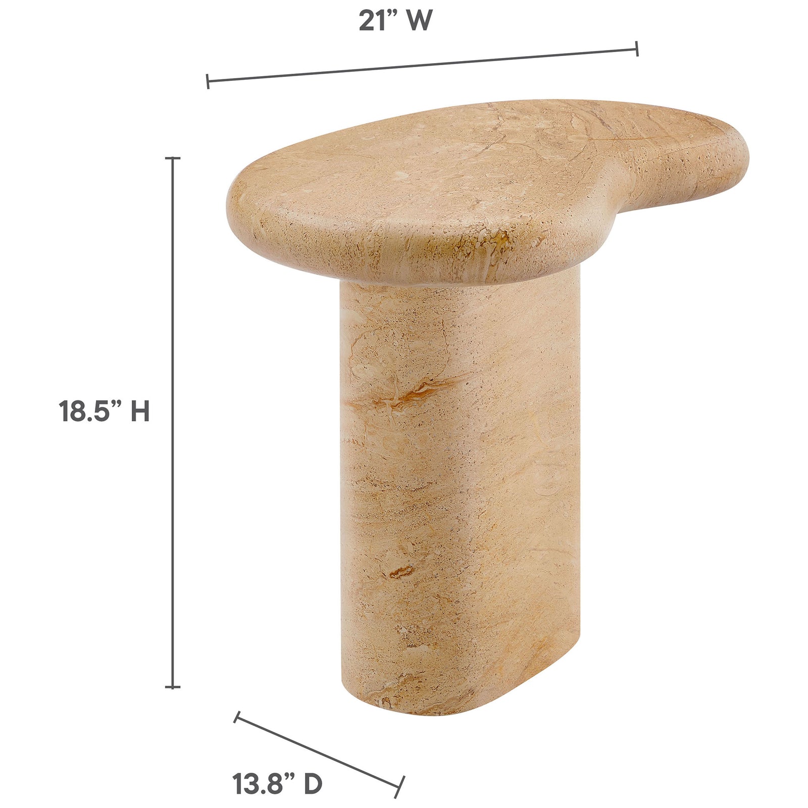 Dimension diagram of the faux travertine side table with labeled height, width, depth, and tabletop thickness || EEI-7094-TRV || dimension_studio