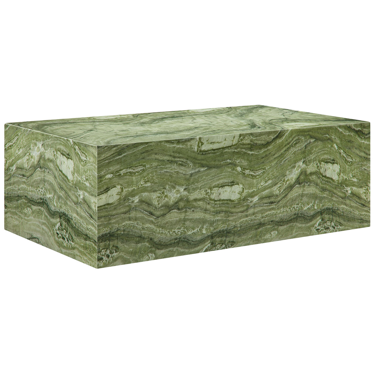 Green marble-look concrete plinth coffee table with low rectangular profile and artful veining on every side || EEI-7095-GRN || front_angle_studio