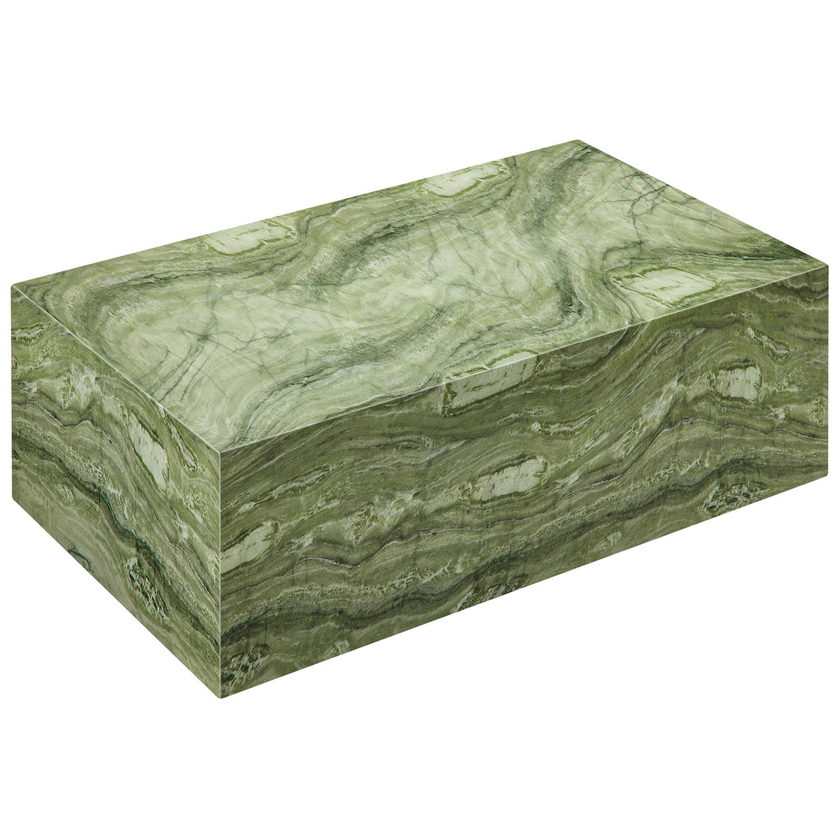 Expansive green marble-inspired tabletop showcases organic veining across this solid concrete plinth coffee table || EEI-7095-GRN || top_angle_studio