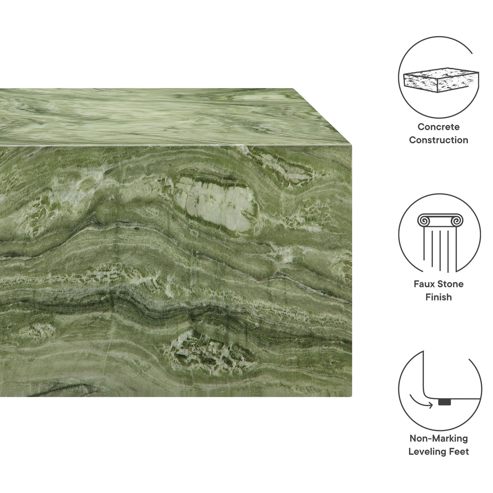 Concrete construction, faux stone finish, and non-marking levelers illustrated around the Jordana green coffee table || EEI-7095-GRN || callout_studio