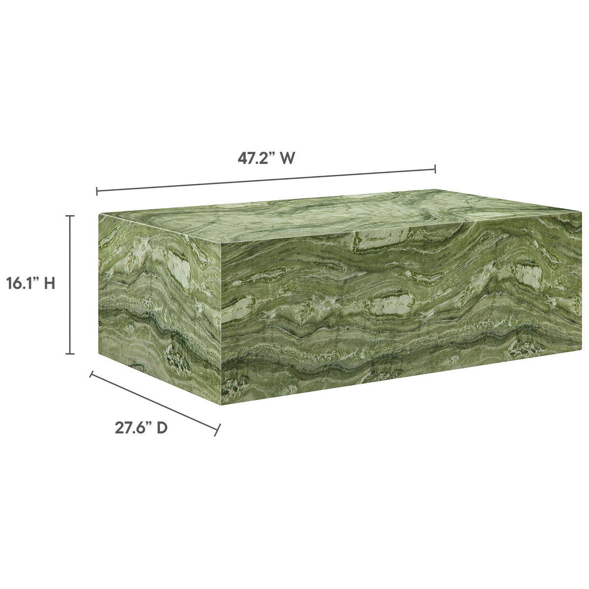 Dimensional diagram of the Jordana green marble-look concrete coffee table with width, depth, and height measurements || EEI-7095-GRN || dimension_studio