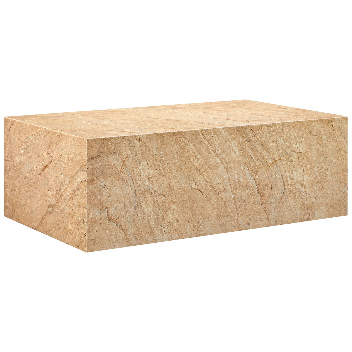 Travertine-look concrete plinth coffee table with low rectangular profile and softly layered stone-inspired pattern || EEI-7095-TRV || front_angle_studio