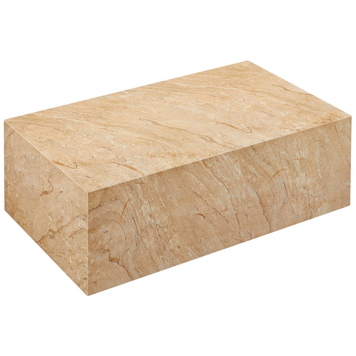 Travertine-inspired tabletop showcases organic speckling and veining across this solid concrete plinth coffee table || EEI-7095-TRV || top_angle_studio