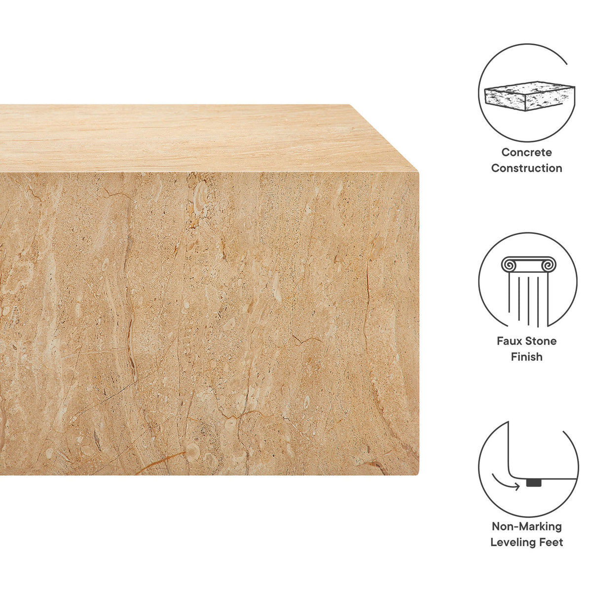 Concrete construction, faux stone finish, and non-marking levelers called out around the Jordana travertine coffee table || EEI-7095-TRV || callout_studio