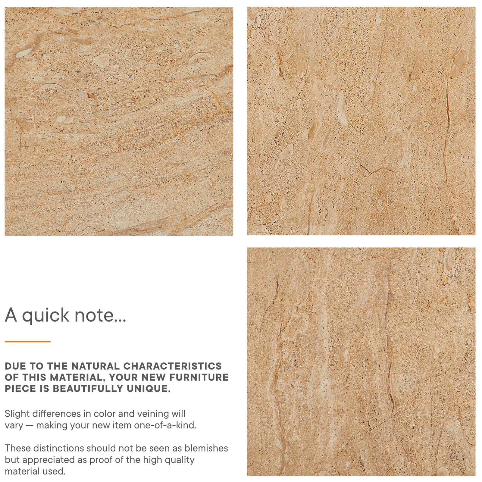 Three panels of travertine-look faux stone with note about natural variations that make each table uniquely yours || EEI-7095-TRV || callout_studio