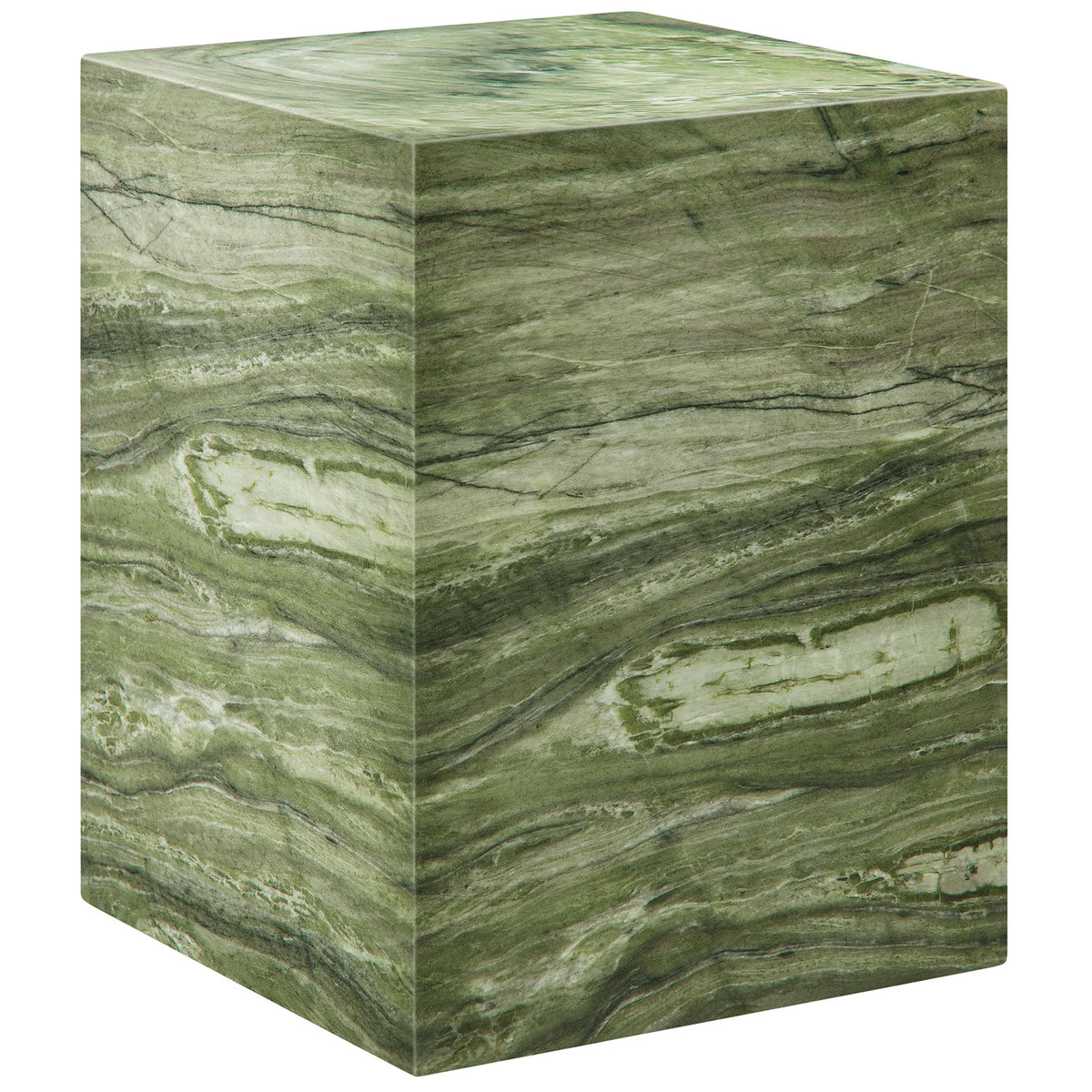 Green marble-look concrete plinth side table with rich veining and sleek cube silhouette. || EEI-7096-GRN || front_angle_studio