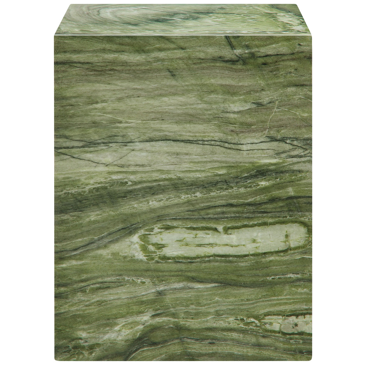 Square green marble-effect side table highlighting the bold horizontal veining across the front panel. || EEI-7096-GRN || front_studio