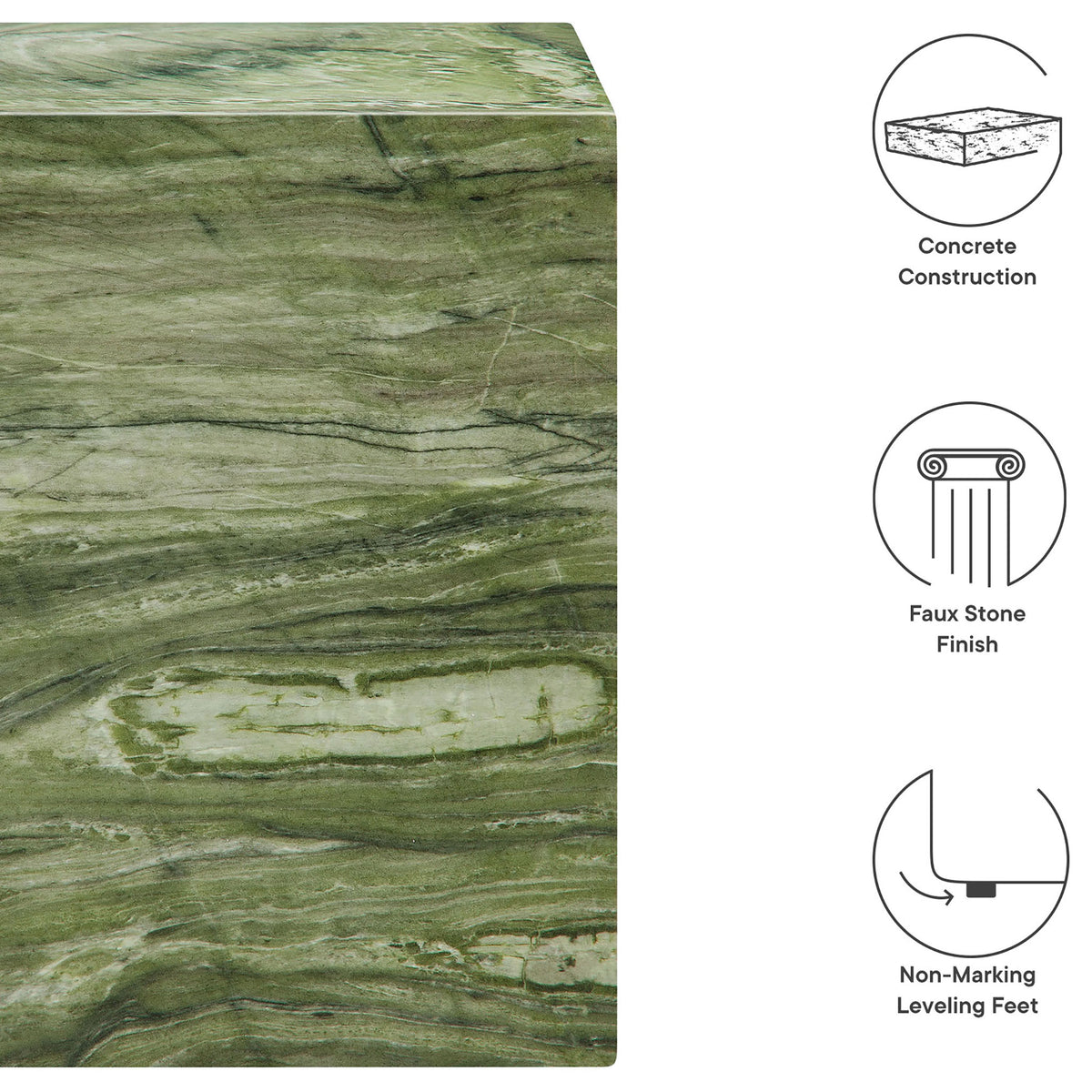 Graphic highlighting the green faux stone concrete construction and non-marking leveling feet of the side table. || EEI-7096-GRN || callout_studio