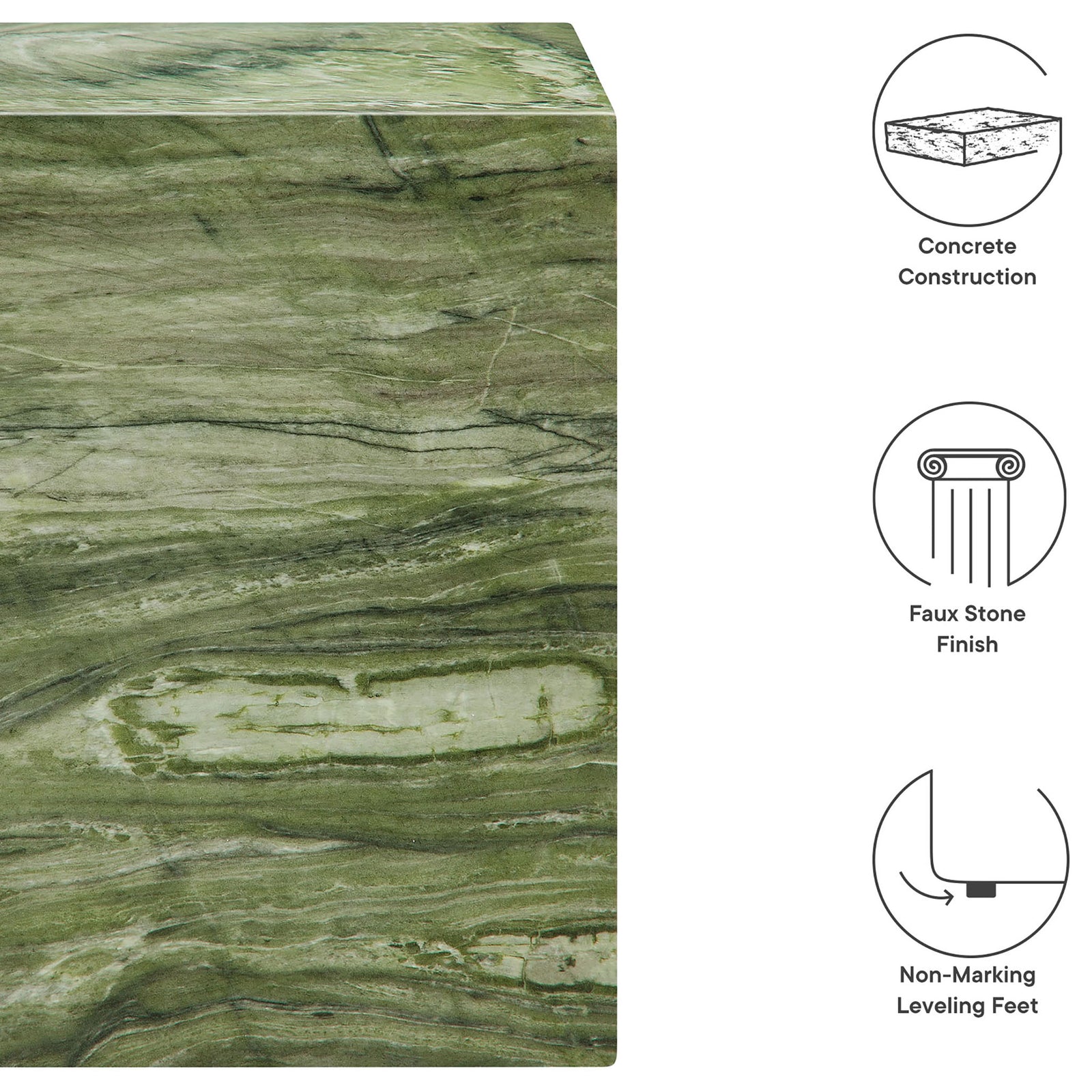 Graphic highlighting the green faux stone concrete construction and non-marking leveling feet of the side table. || EEI-7096-GRN || callout_studio
