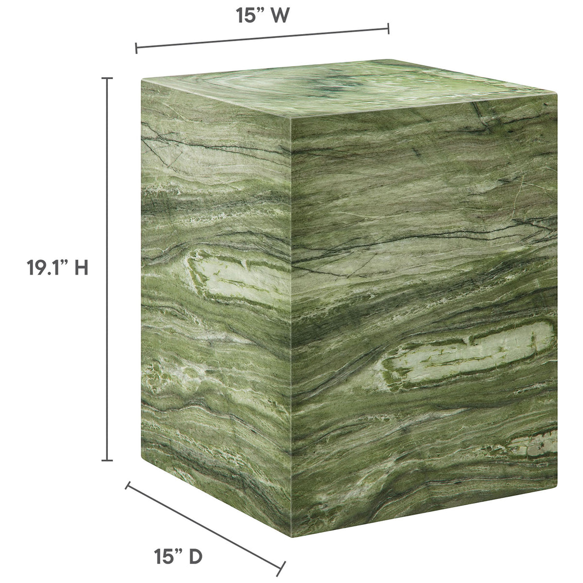 Graphic showing the green marble side table dimensions with 15 inch square top and 19.1 inch height. || EEI-7096-GRN || dimension_studio