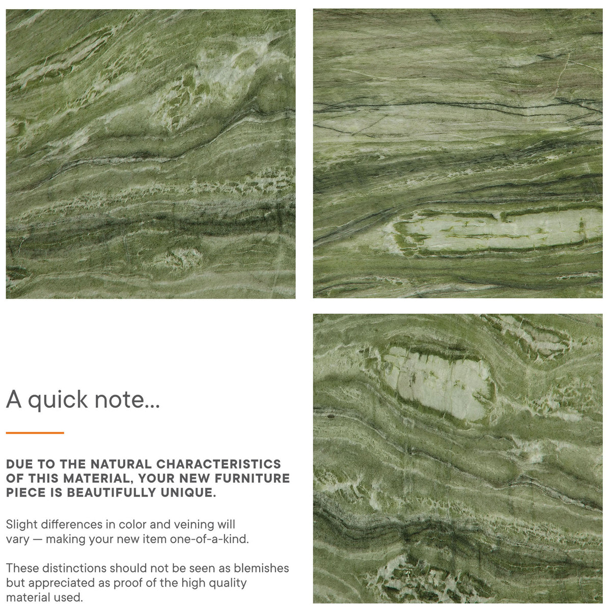 Graphic detailing the natural variation in the green faux stone finish, with three texture panels and note. || EEI-7096-GRN || callout_studio