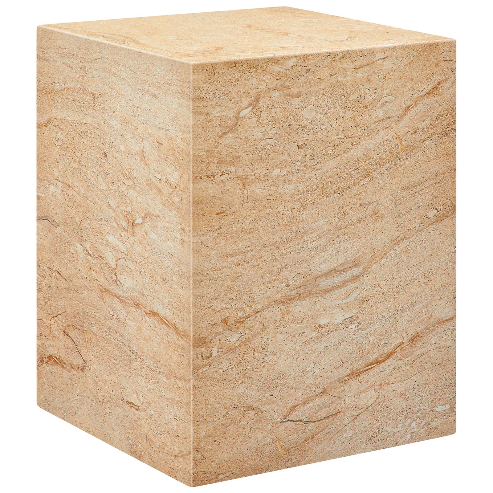 Travertine-look concrete plinth side table with warm tan tones and crisp, modern cube profile. || EEI-7096-TRV || front_angle_studio