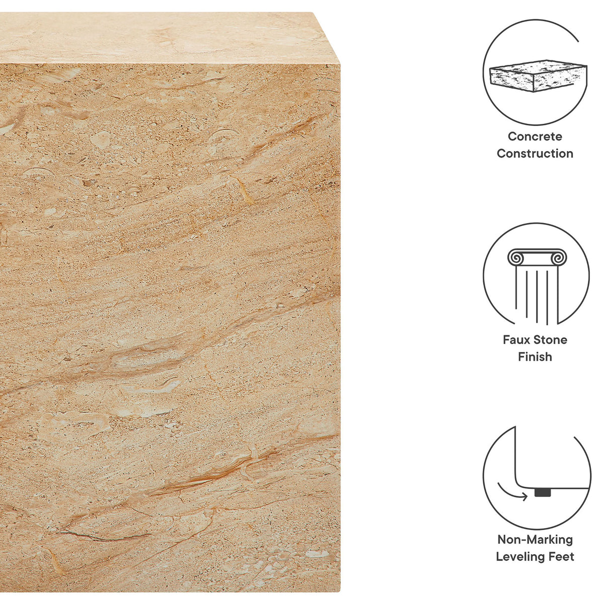 Graphic highlighting the travertine-look concrete construction and non-marking leveling feet of the table. || EEI-7096-TRV || callout_studio