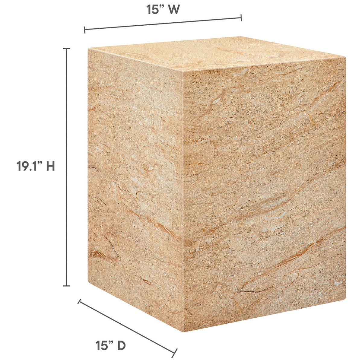 Graphic showing the travertine side table dimensions with a 15 inch square top and 19.1 inch height. || EEI-7096-TRV || dimension_studio