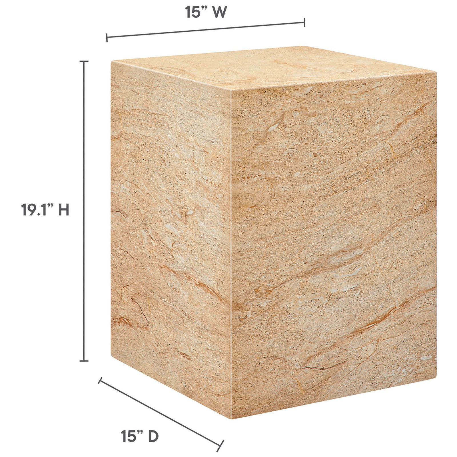 Graphic showing the travertine side table dimensions with a 15 inch square top and 19.1 inch height. || EEI-7096-TRV || dimension_studio