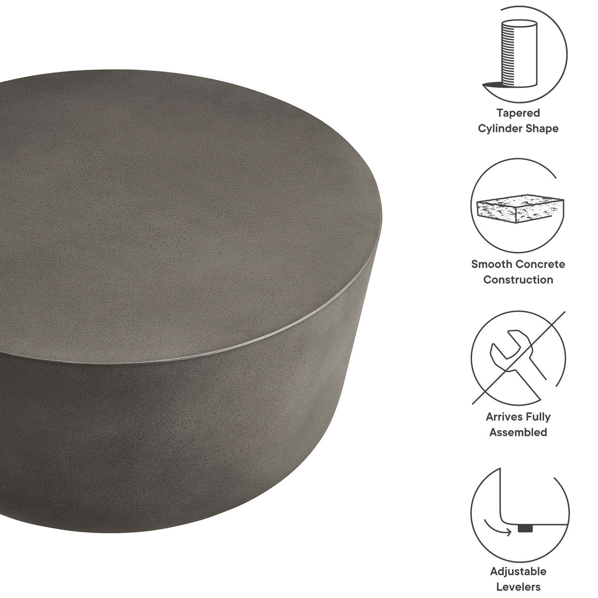 Feature graphic of the gray concrete coffee table with icons for shape, construction, and levelers || EEI-7099-GRY || callout_studio