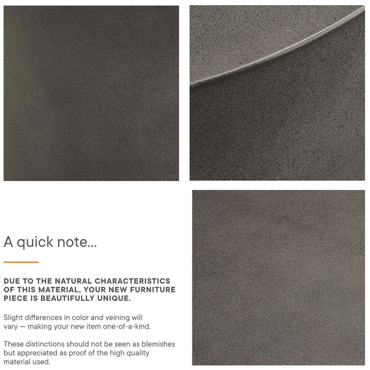 Material detail collage of the gray concrete table emphasizing its unique color variations and veining || EEI-7099-GRY || callout_studio