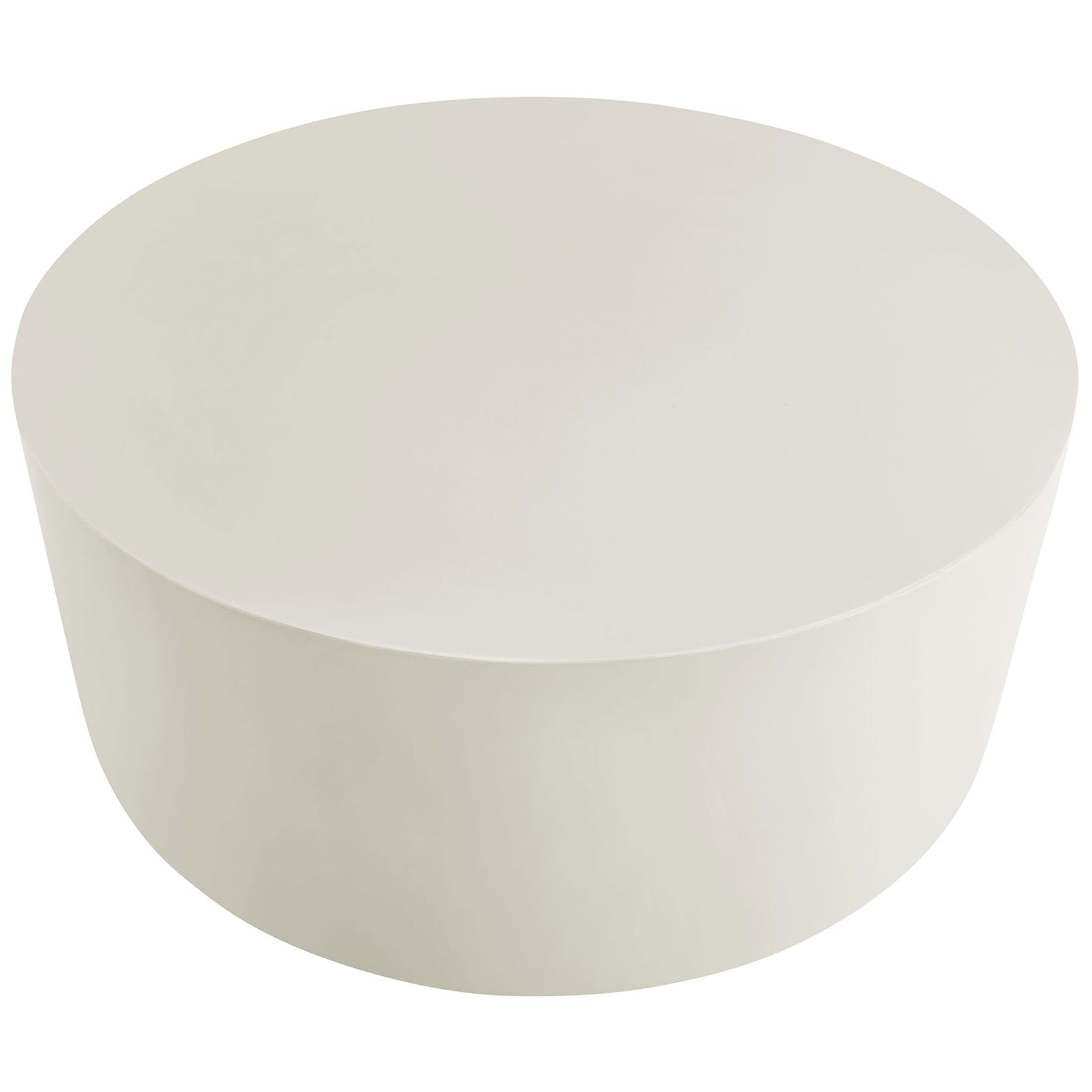 Round white concrete coffee table with a broad smooth top ready for decor, trays, and books || EEI-7099-WHI || top_angle_studio