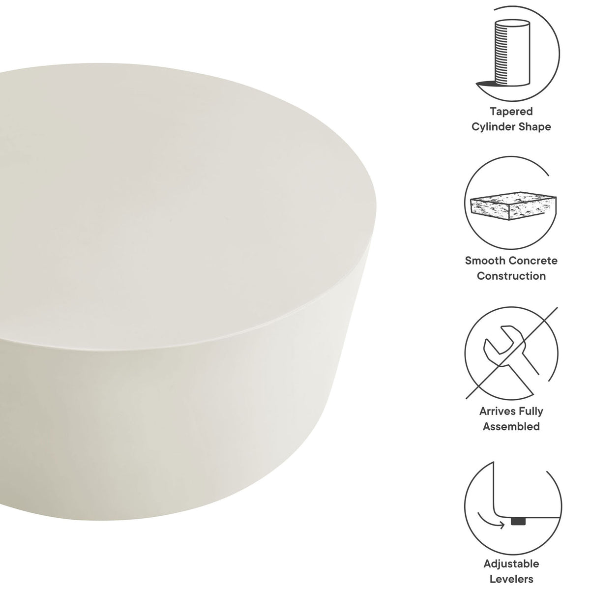 Feature graphic of the white concrete coffee table with icons for tapered shape and levelers || EEI-7099-WHI || callout_studio