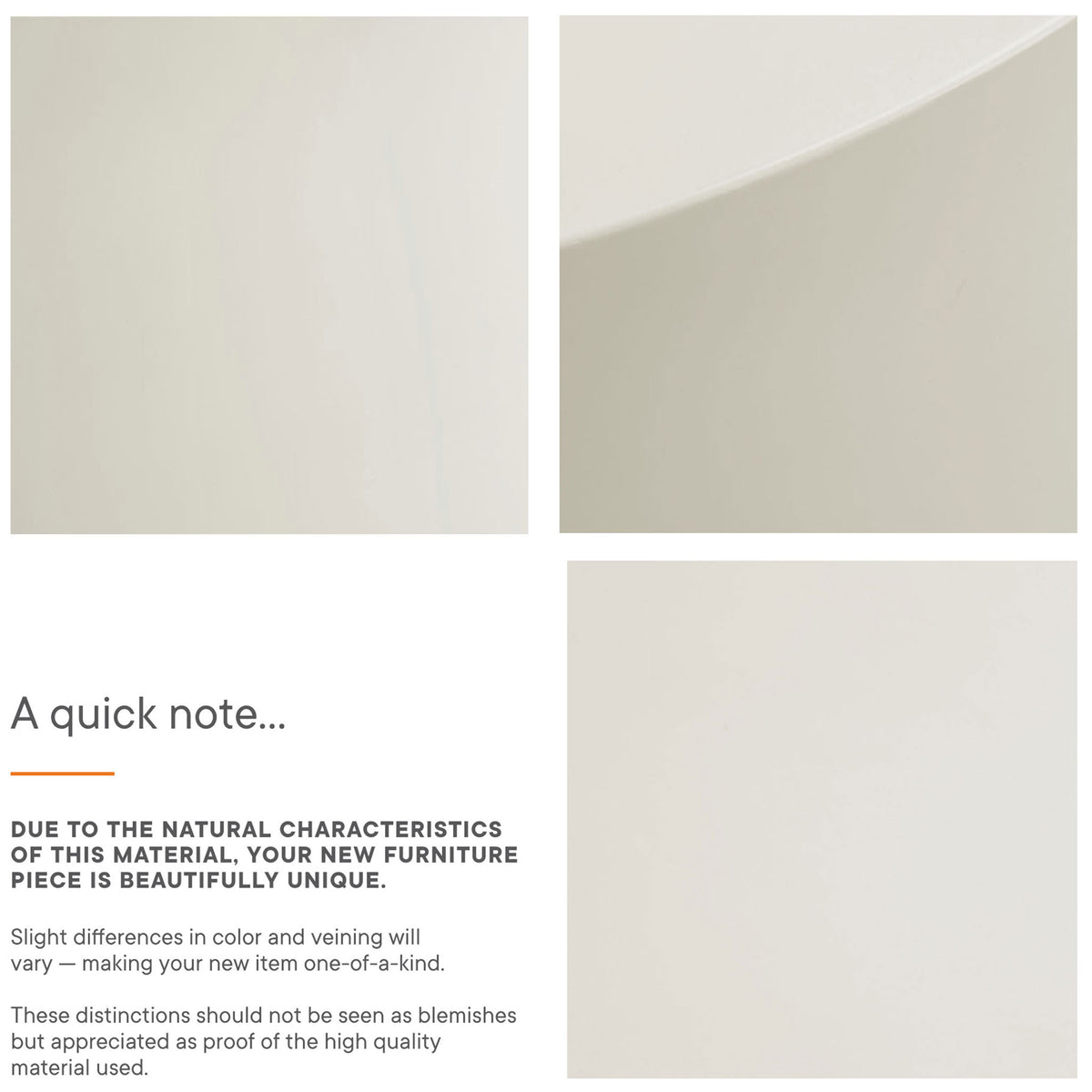 Material detail collage of the white concrete table emphasizing its one-of-a-kind color and veining || EEI-7099-WHI || callout_studio