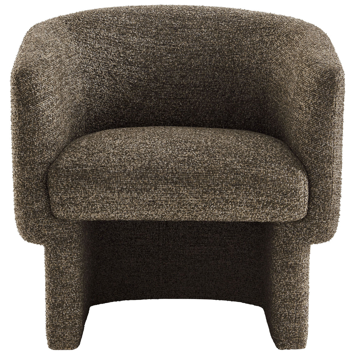 Curved barrel silhouette in soft boucle with a plush, inviting seat and wraparound arms || EEI-7100-ATQ || front_studio