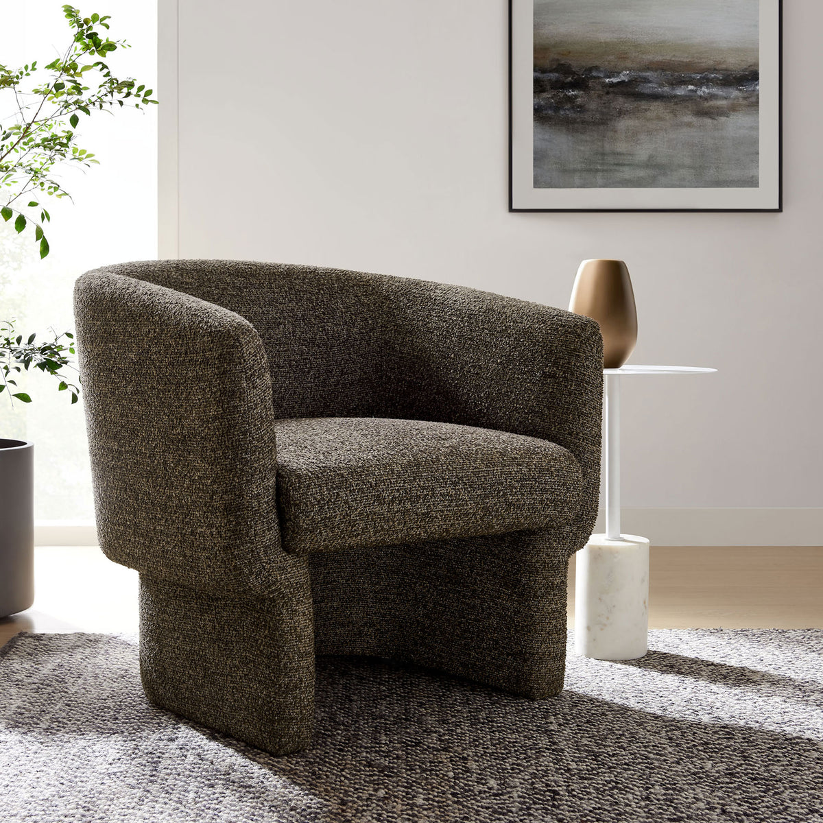 Statement barrel chair elevates any space with cozy curves and rich boucle texture || EEI-7100-ATQ || front_angle_room