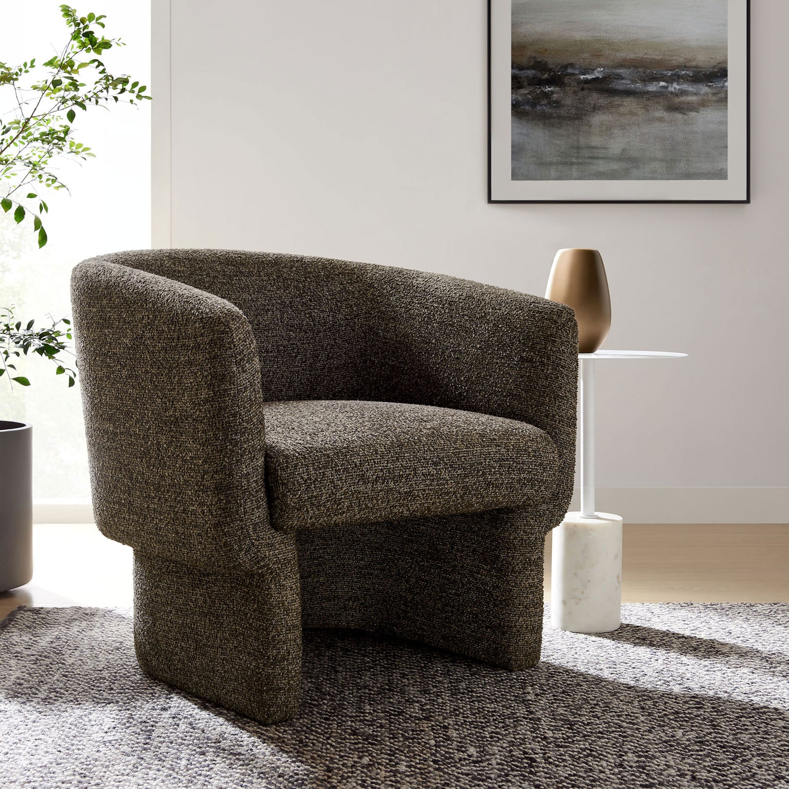 Statement barrel chair elevates any space with cozy curves and rich boucle texture || EEI-7100-ATQ || front_angle_room