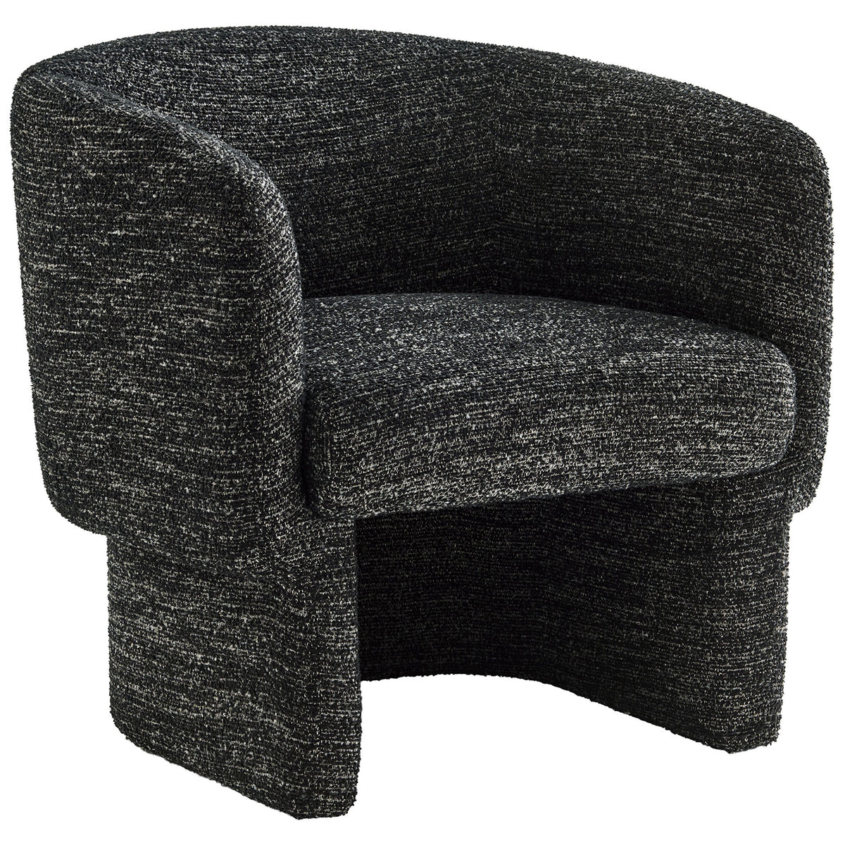 Sculpted barrel silhouette in textured charcoal boucle with thick cushioned seat || EEI-7100-CHA || front_angle_studio