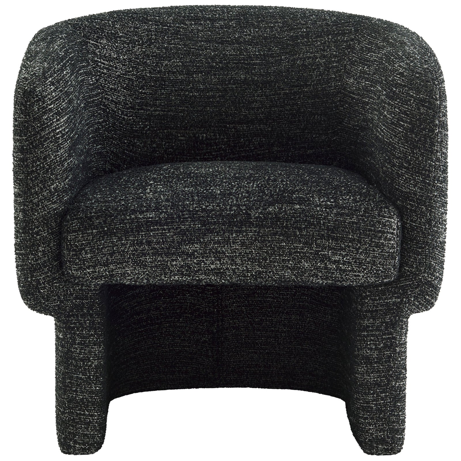 Curved barrel chair in charcoal boucle with plush seat and wraparound arms || EEI-7100-CHA || front_studio