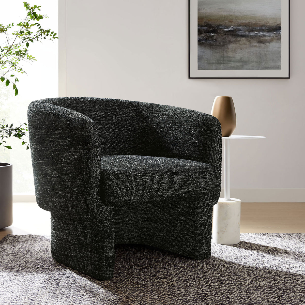 Charcoal boucle chair brings cozy texture and modern curves to your living space || EEI-7100-CHA || front_angle_room
