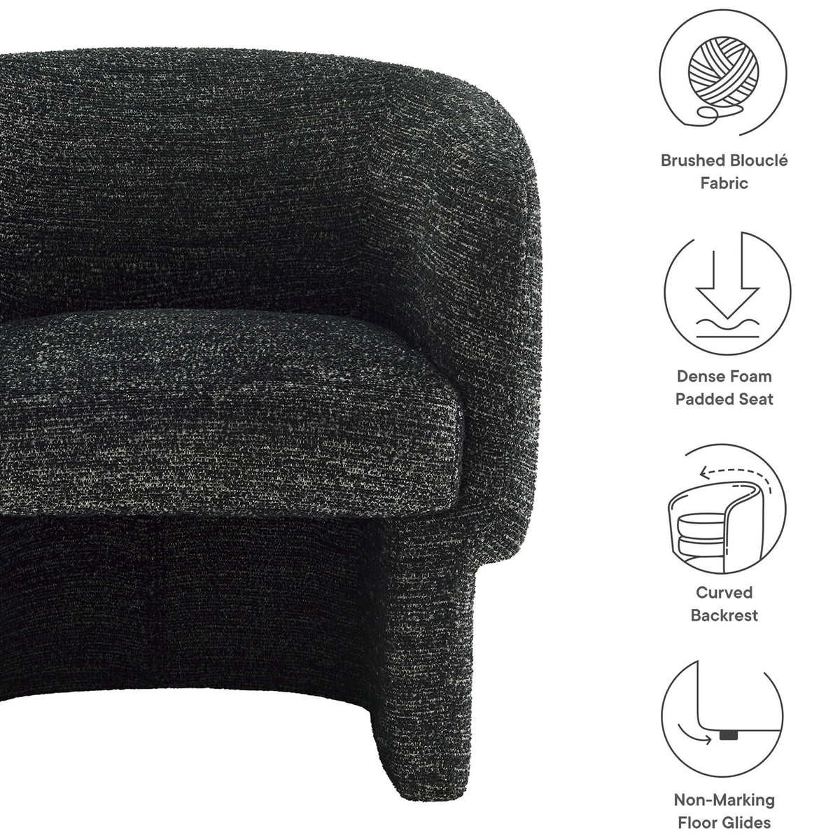 Brushed boucle upholstery, dense foam seat, curved backrest, and floor-safe glides || EEI-7100-CHA || callout_studio