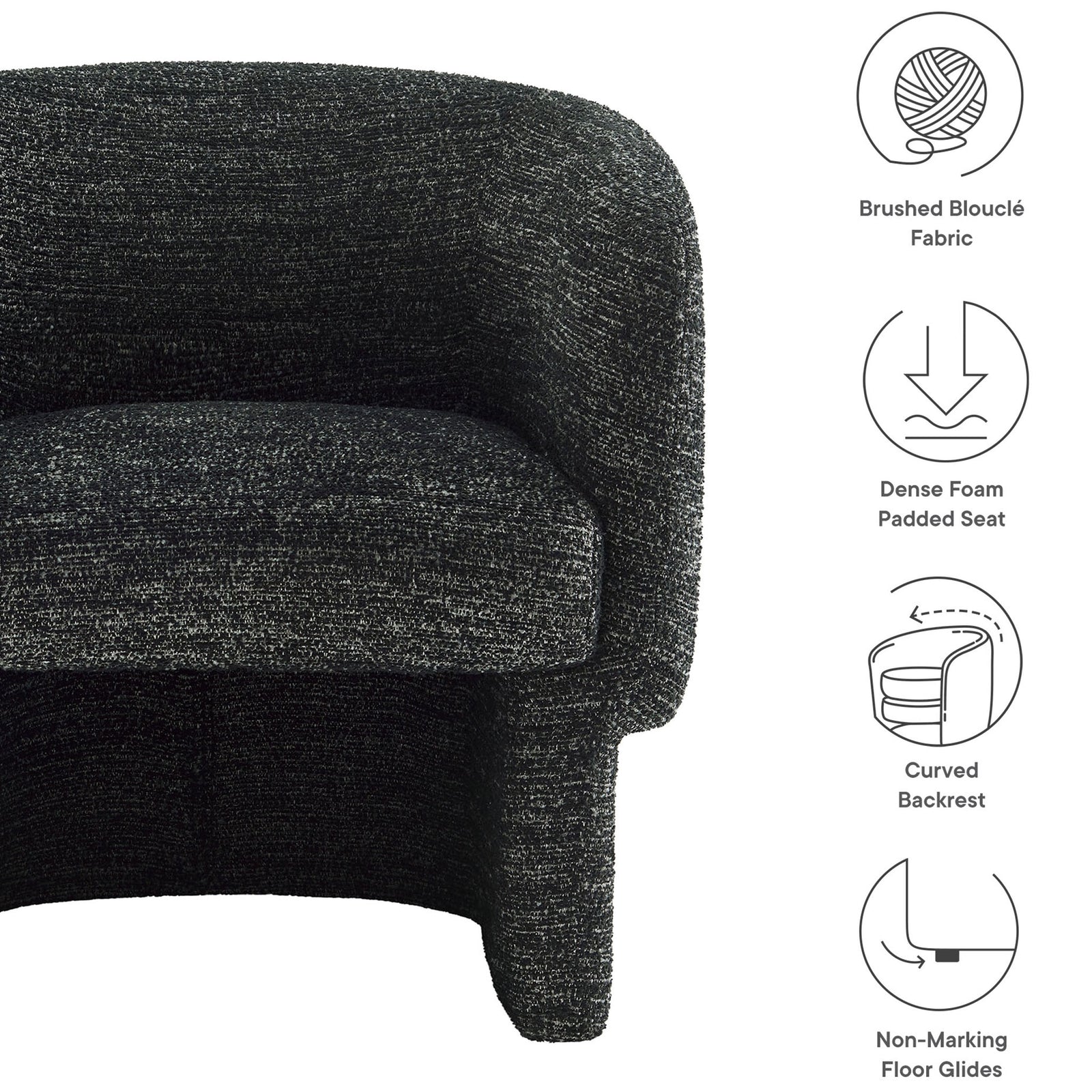 Brushed boucle upholstery, dense foam seat, curved backrest, and floor-safe glides || EEI-7100-CHA || callout_studio