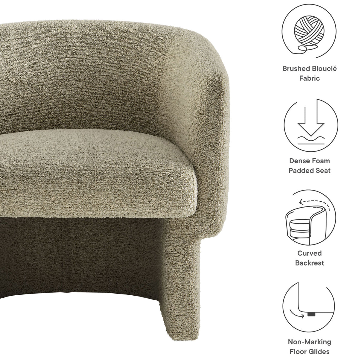 Brushed boucle fabric, dense foam seat, curved backrest, and non-marking floor glides || EEI-7100-CRK || callout_studio