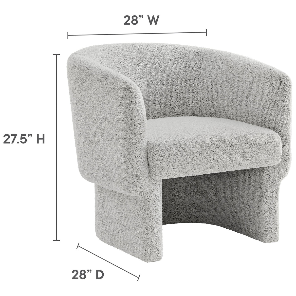 Compact barrel chair measuring 28 W x 28 D x 27.5 H inches for space-savvy comfort. || EEI-7100-NPT || dimension_studio