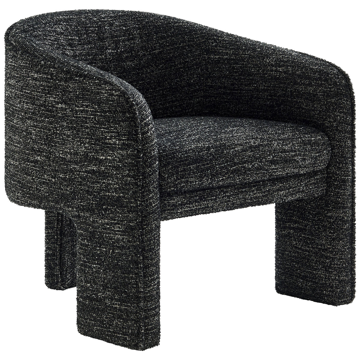 Curved barrel armchair in charcoal boucle with plush seat and distinctive three-leg base || EEI-7101-CHA || front_angle_studio