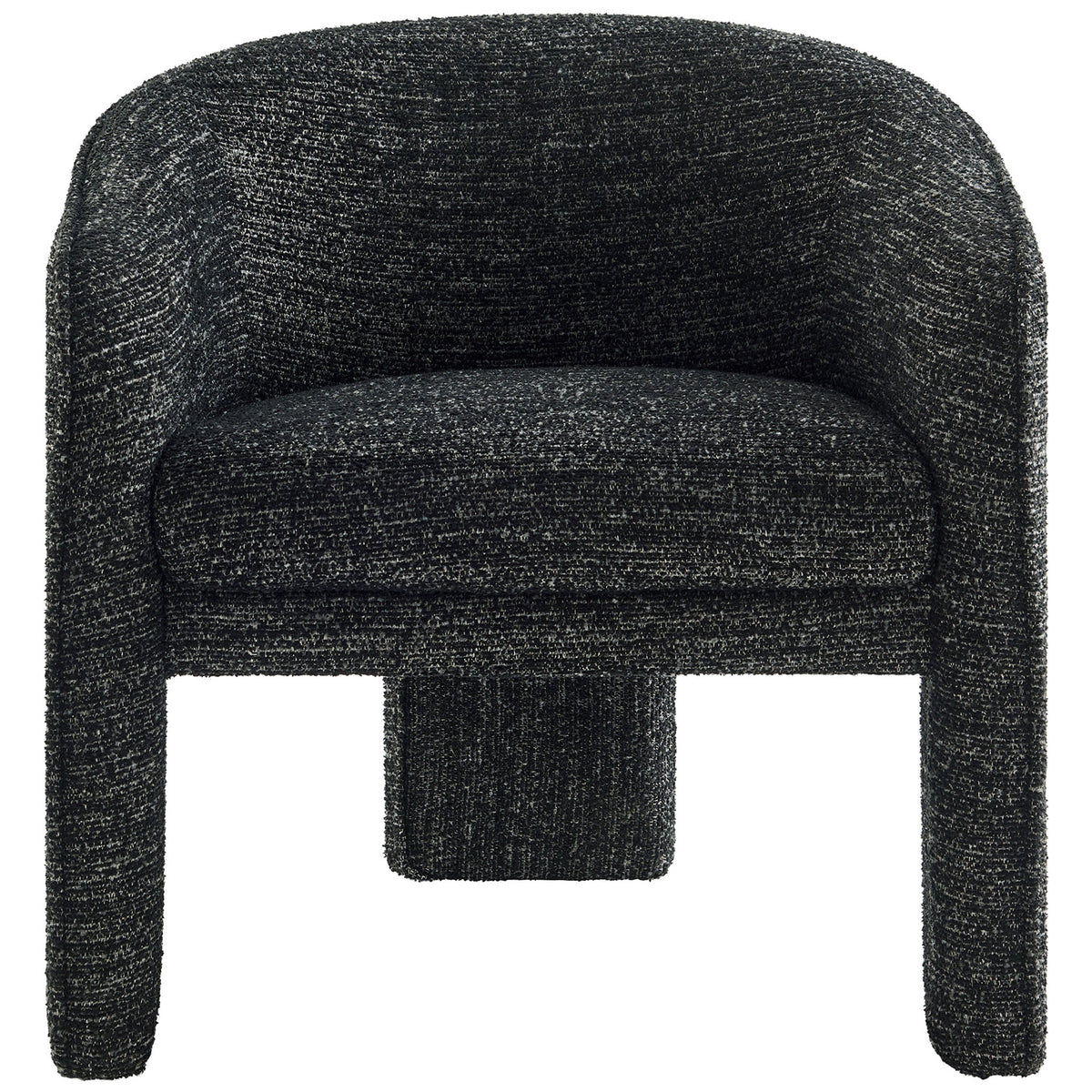 Modern barrel chair with charcoal boucle upholstery and supportive three-leg design || EEI-7101-CHA || front_studio