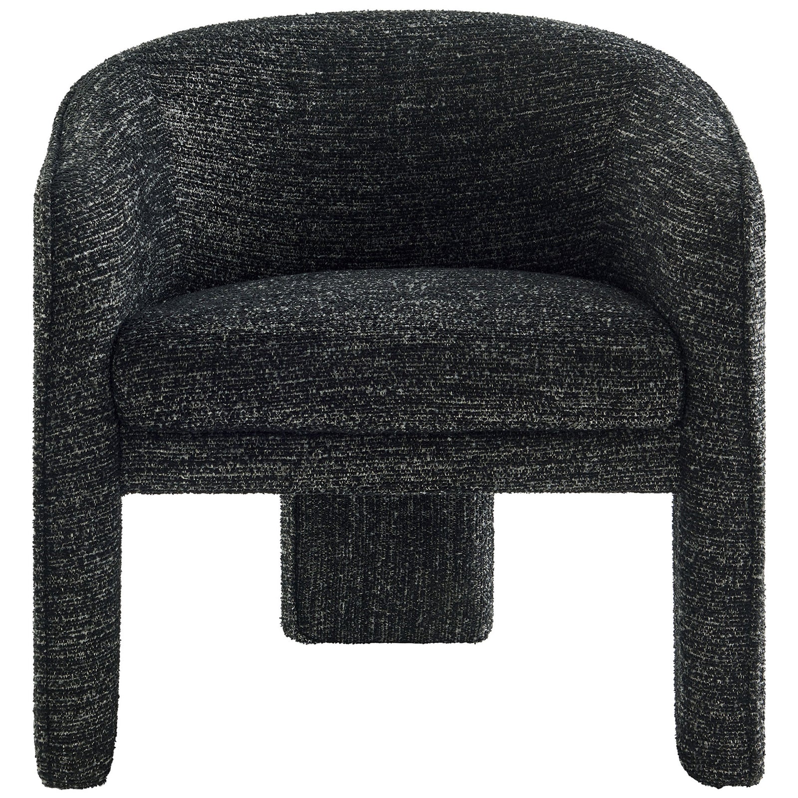 Modern barrel chair with charcoal boucle upholstery and supportive three-leg design || EEI-7101-CHA || front_studio