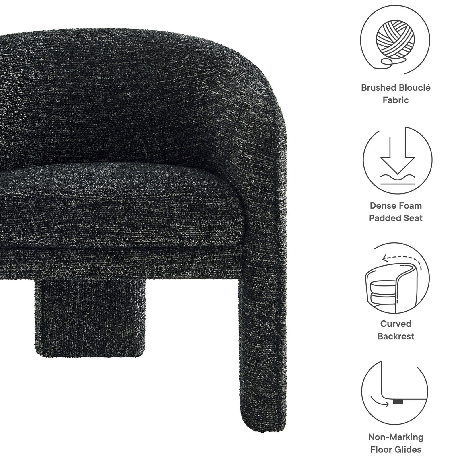 Key features include brushed boucle fabric, dense foam seat, curved back, and floor-friendly glides || EEI-7101-CHA || callout_studio