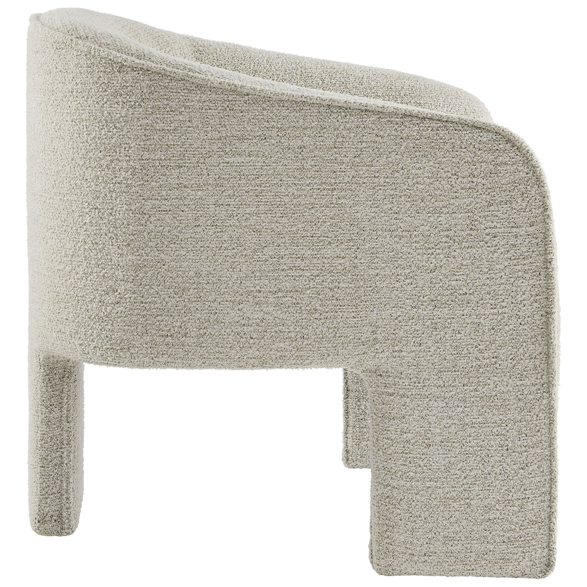 Gently angled arms and curved back showcase the sculptural three-leg design in textured boucle upholstery || EEI-7101-PCH || side_studio