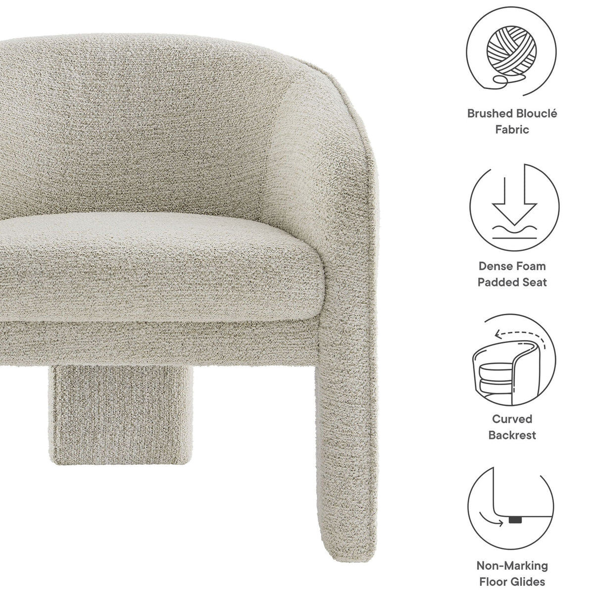 Key features include brushed boucle fabric, dense foam seat, curved backrest, and non-marking floor glides || EEI-7101-PCH || callout_studio