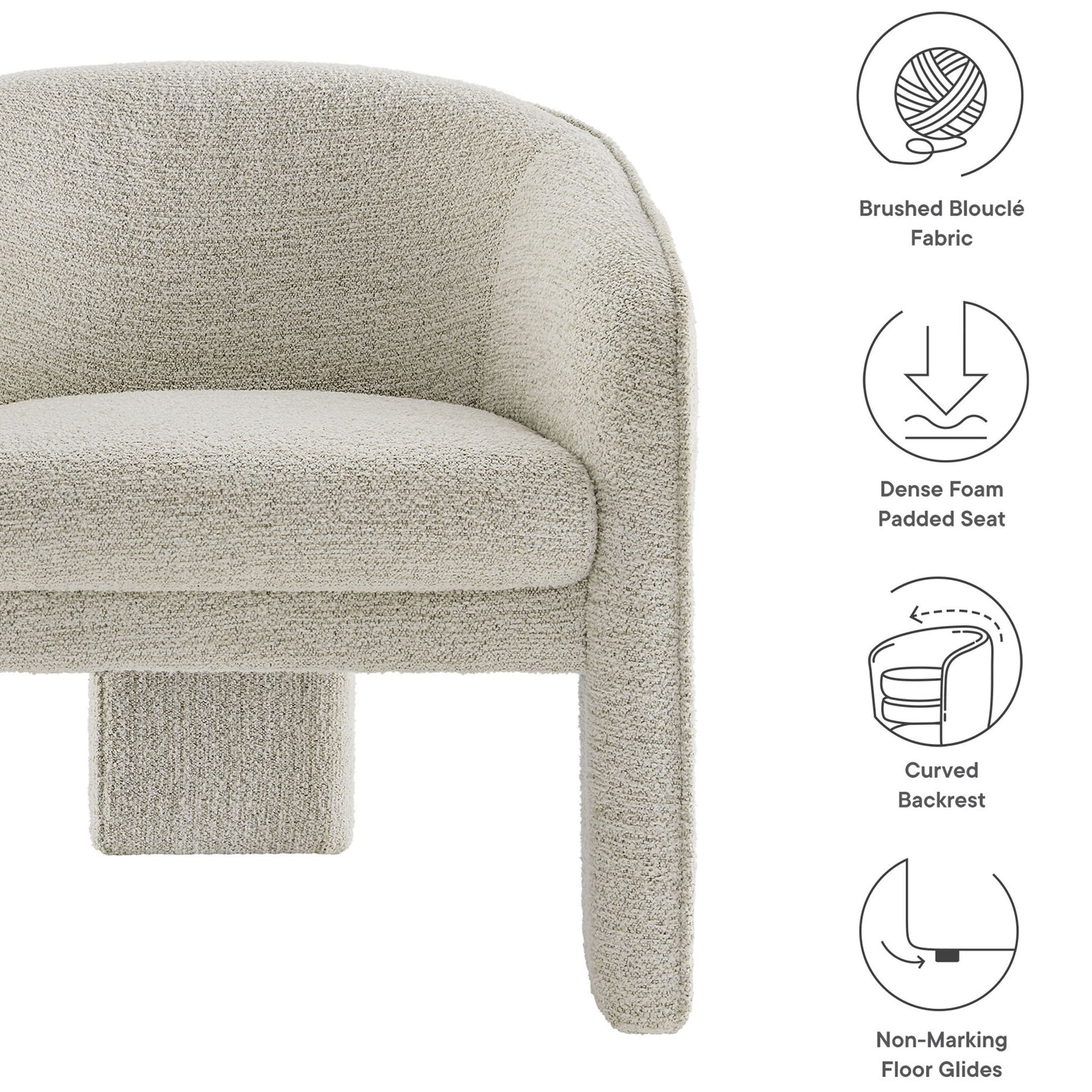 Key features include brushed boucle fabric, dense foam seat, curved backrest, and non-marking floor glides || EEI-7101-PCH || callout_studio