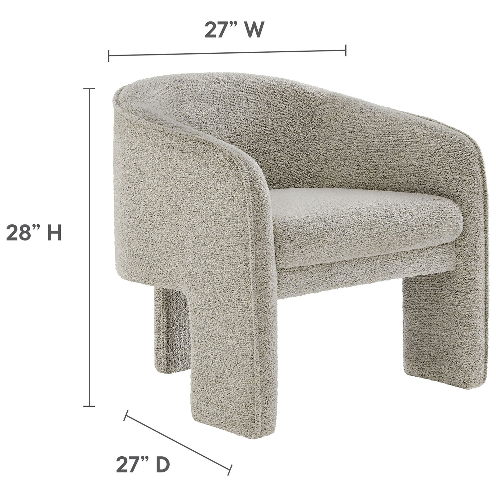 Dimensions: 27 in W x 27 in D x 28 in H for compact, cozy seating in a modern three-leg barrel design || EEI-7101-PCH || dimension_studio