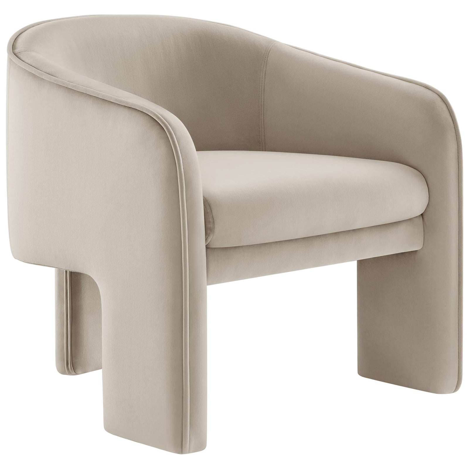 Sculpted armchair in almond performance velvet with cocooning arms and dense foam seat || EEI-7102-ALM || front_angle_studio