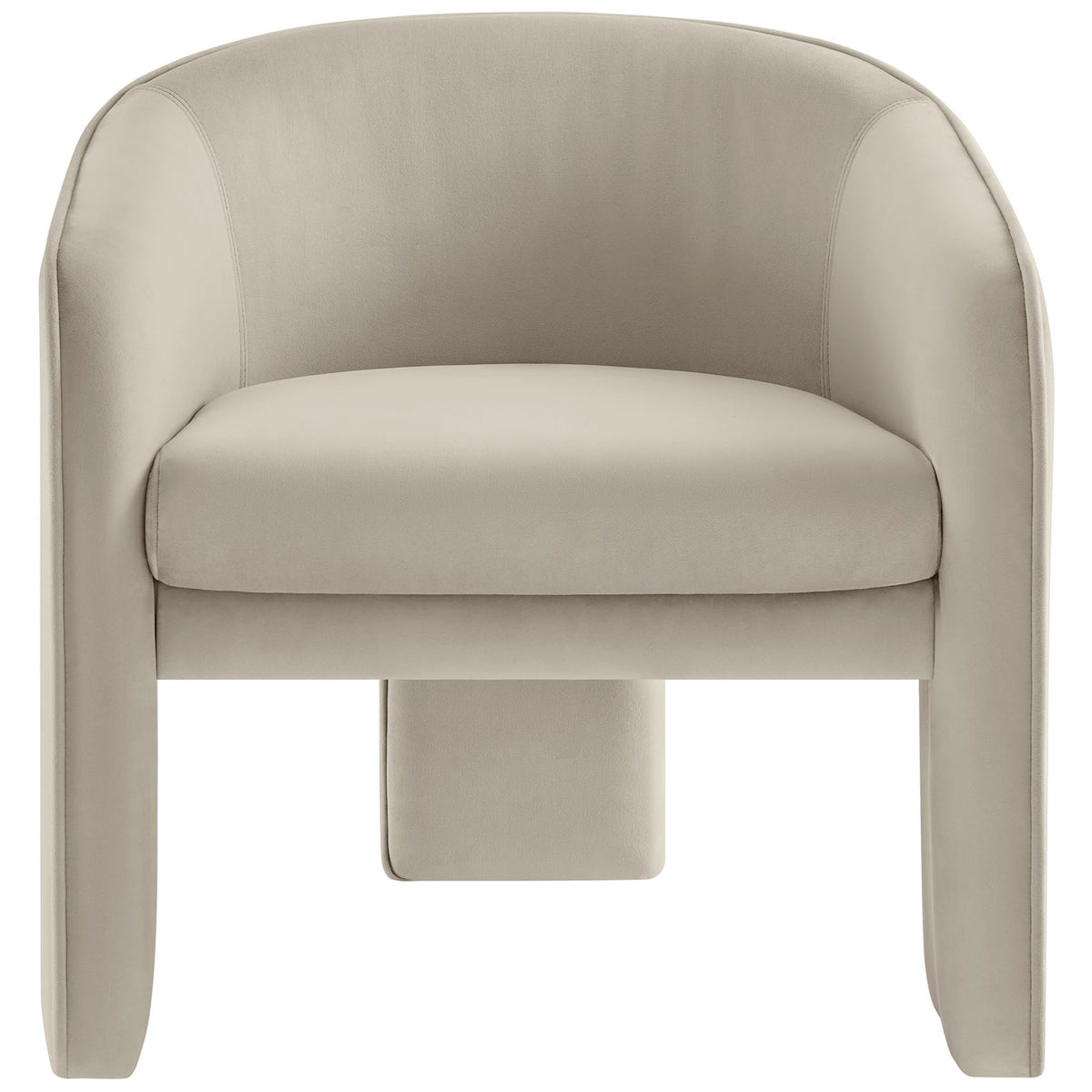 Almond performance velvet armchair with curved barrel back and bold three-legged base for modern comfort || EEI-7102-ALM || front_studio