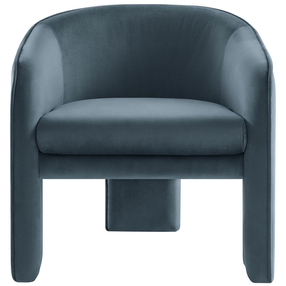 Cadet blue velvet accent chair with curved barrel back and plush foam seat on a striking three-leg frame || EEI-7102-CAB || front_studio