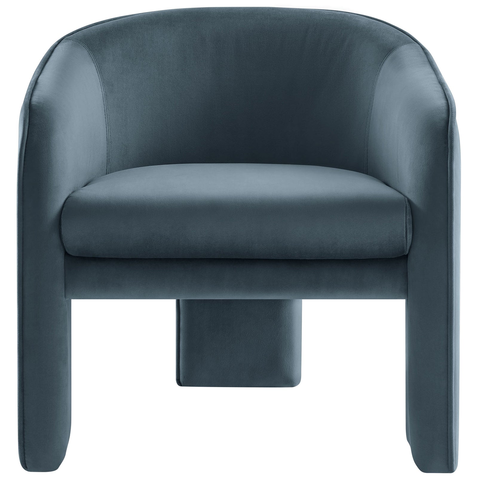 Cadet blue velvet accent chair with curved barrel back and plush foam seat on a striking three-leg frame || EEI-7102-CAB || front_studio