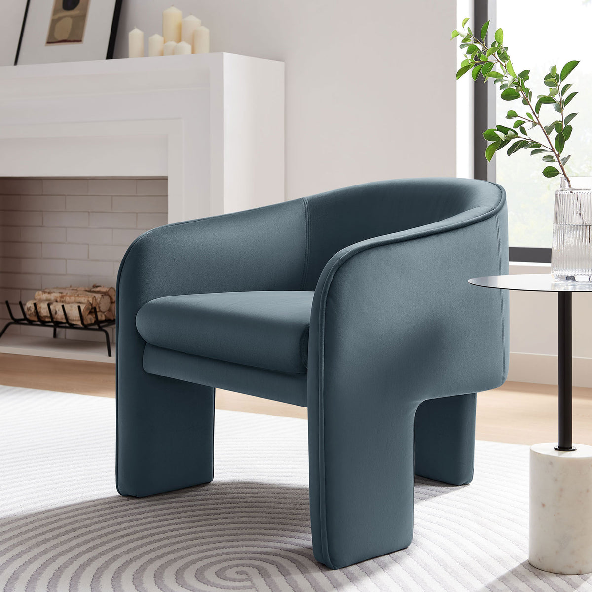 Modern cadet blue barrel chair brings plush comfort and refined texture to living spaces || EEI-7102-CAB || front_angle_room