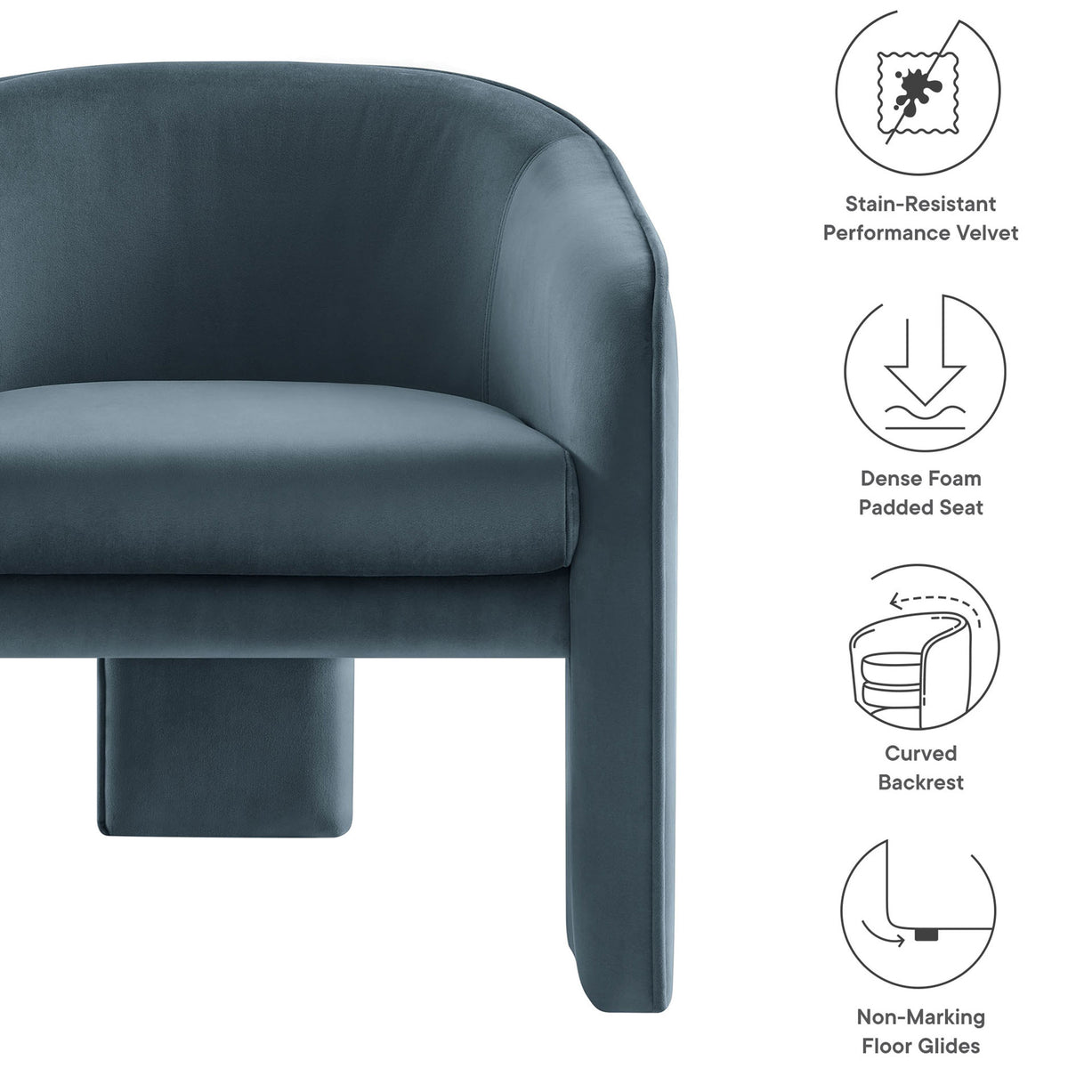 Stain-resistant velvet, dense foam seat, curved backrest, and non-marking glides for everyday ease || EEI-7102-CAB || callout_studio