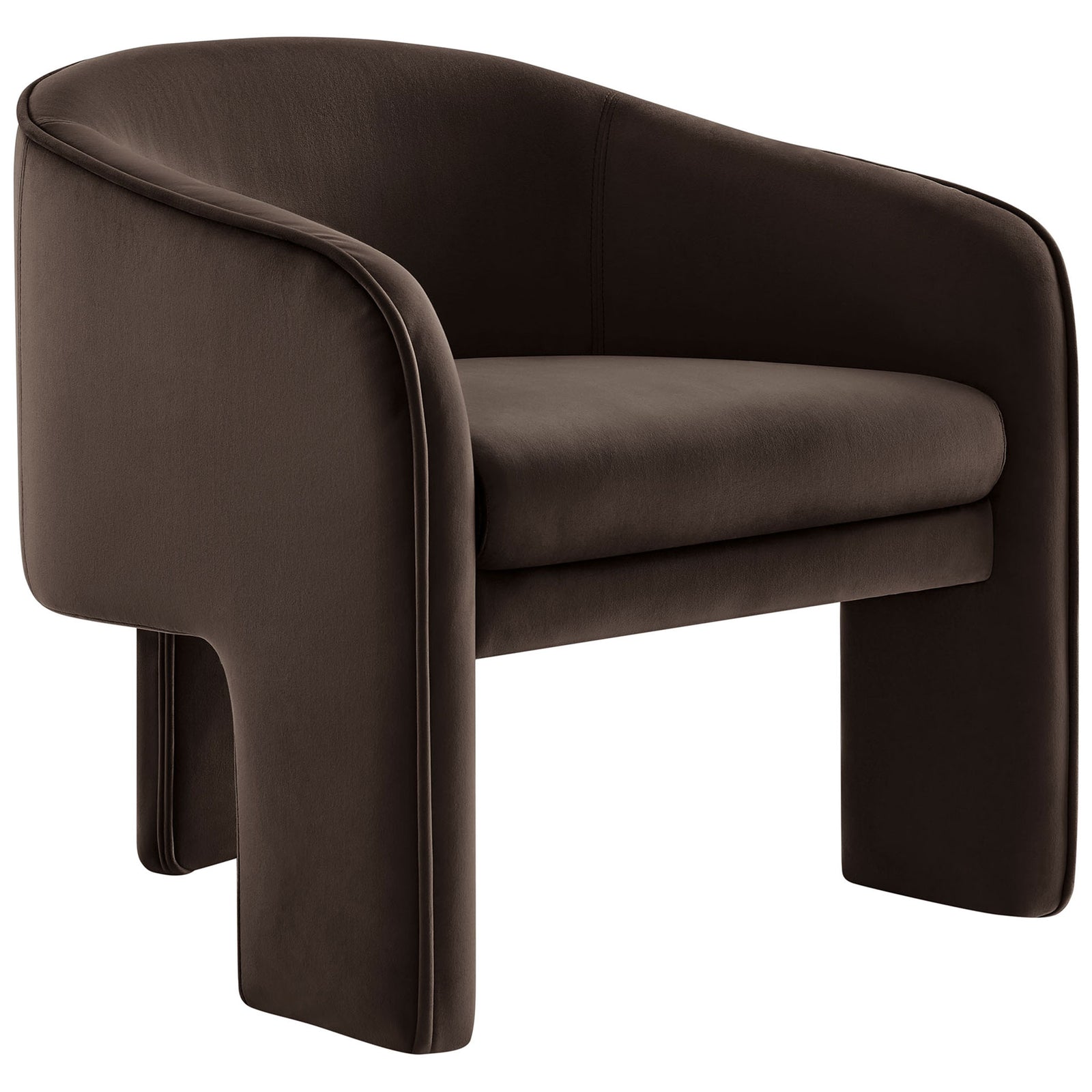 Chocolate brown performance velvet barrel armchair with a bold three-leg base and plush foam seat || EEI-7102-CHB || front_angle_studio