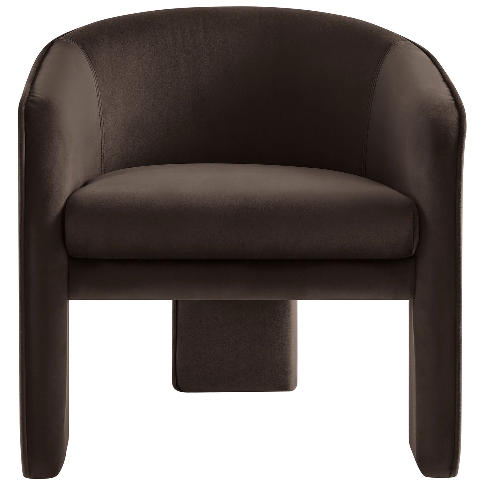 Barrel-back accent chair in chocolate performance velvet with dense foam cushioning and central support leg || EEI-7102-CHB || front_studio